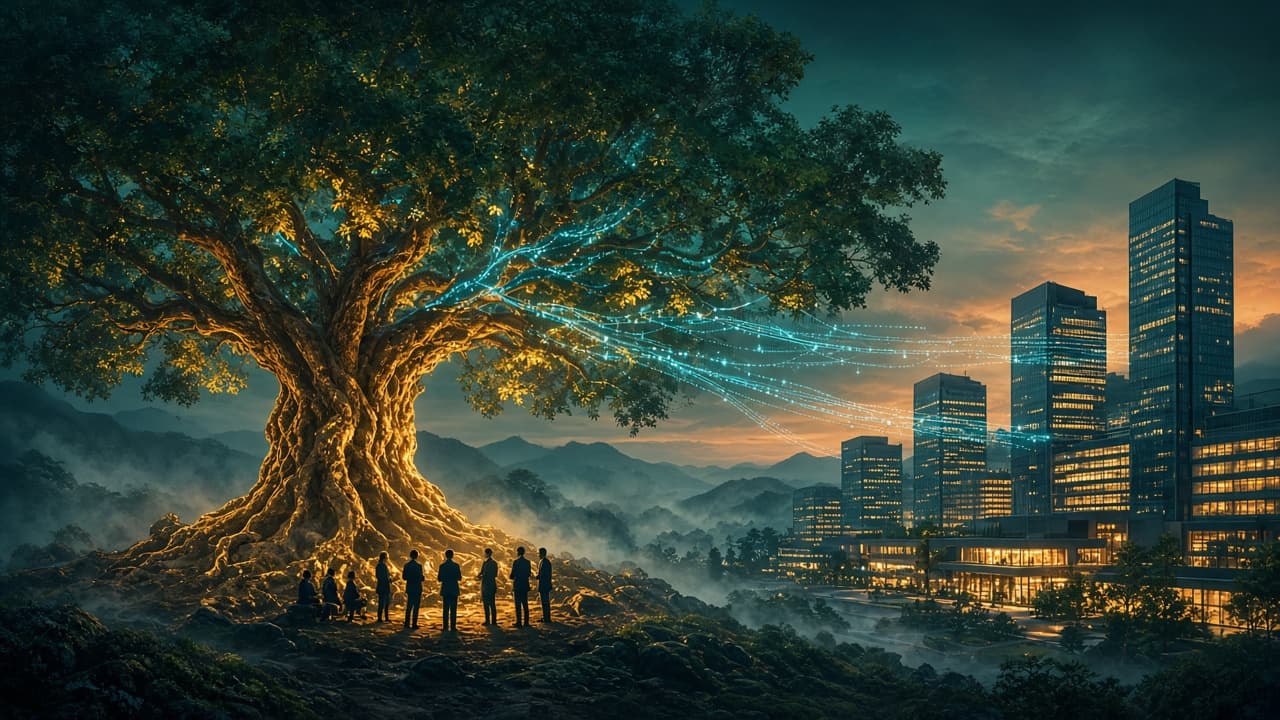 千年大椿扎根企业土壤,枝干间流动的数据与办公灯火交汇,象征组织的持续成长与 AI 能力沉淀